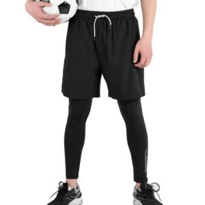 TLAENSON Boys Compression Pants Kids 2 in 1 Football Sports Leggings with Shorts with Zipper Pockets