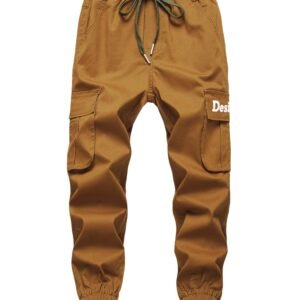 TLAENSON Boys Cargo Pants Cotton Casual Pants Drawstring Loose Jogging Bottoms Elastic Cuffed Cargo Joggers